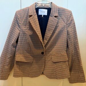 Frame Women's Plaid Blazer Jacket in tan with blue, rust and beige accents